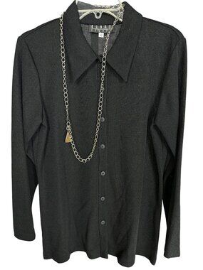 Vtg Kenar Studio Size 10 womens Black Button Front Blouse Top with Necklace New